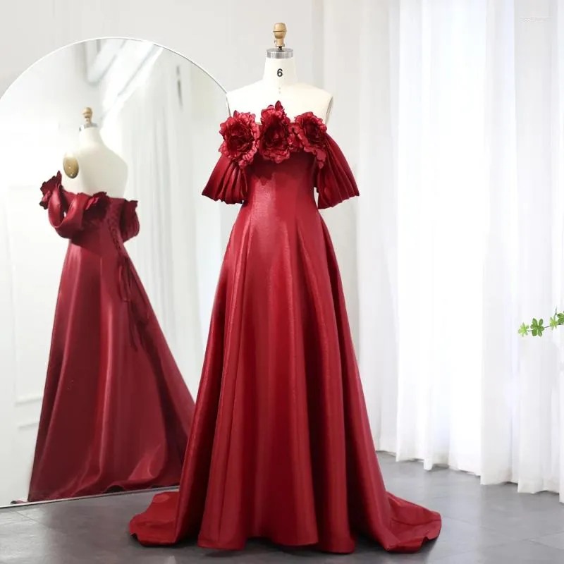 Festklänningar Elegant Bourgogne Satin Off Shoulder Evening With 3D Flowers 2024 Long Women Wedding Formal Gowns