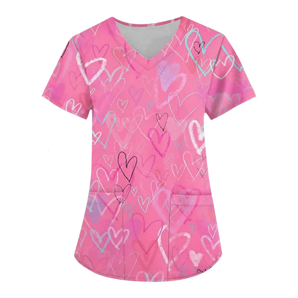 Nurse Uniform Love Heart Print Pocket V-Neck Nursing Scrubs Tops Workwear T-shirt Women Fashion Overalls Uniforms 240410