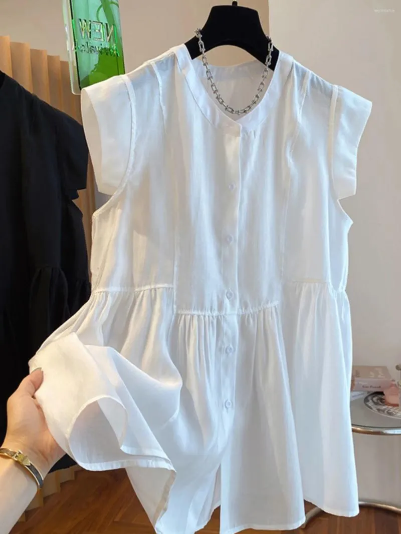 Damskie bluzki koreańsko -mody bez rękawów biała koszula damskie topy letnie eleganckie proste wszechstronne okrągłe szyję luźne ubrania przyczynowe