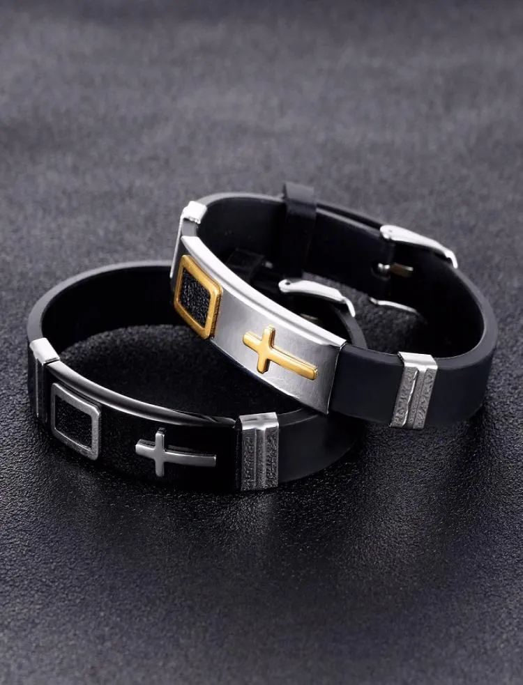 Mode män kvinnor silikon armband gelé armband rostfritt stål cross design smycken punk mens hip hop charm armband för gif1967175
