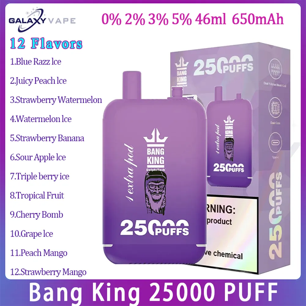 AUTENTICO BANG KING 25000 Sigaretta elettronica a palla 12 sapori 23MLX2 POD pre-riempita 650MAH BUFI BATTERE RICARICABILE 25 KIT KIT