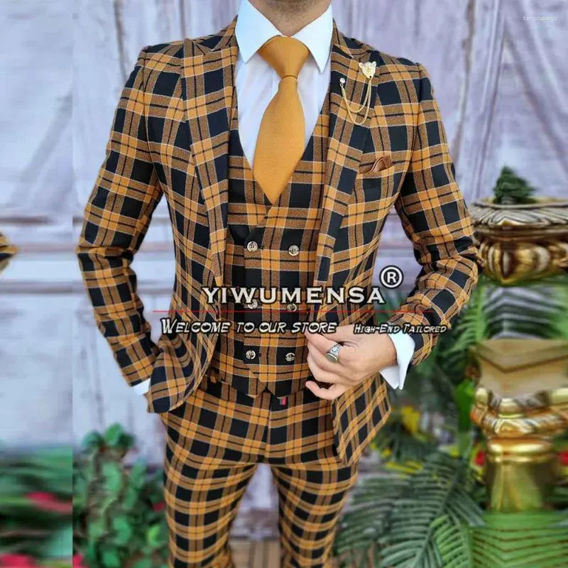 Men's Piece Yellow Plaid Business Wedding Tuxedo Suit Custom Made Blazer  Vest Pants Set