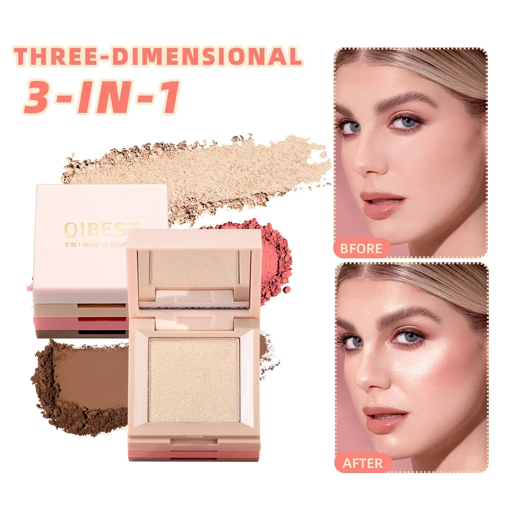 Ställer in ansiktskonturering Highlighter Blush 3 i 1 Makeup Ställ in hög glanspulver rodnad reparera pärlor matt ögonskuggpalett