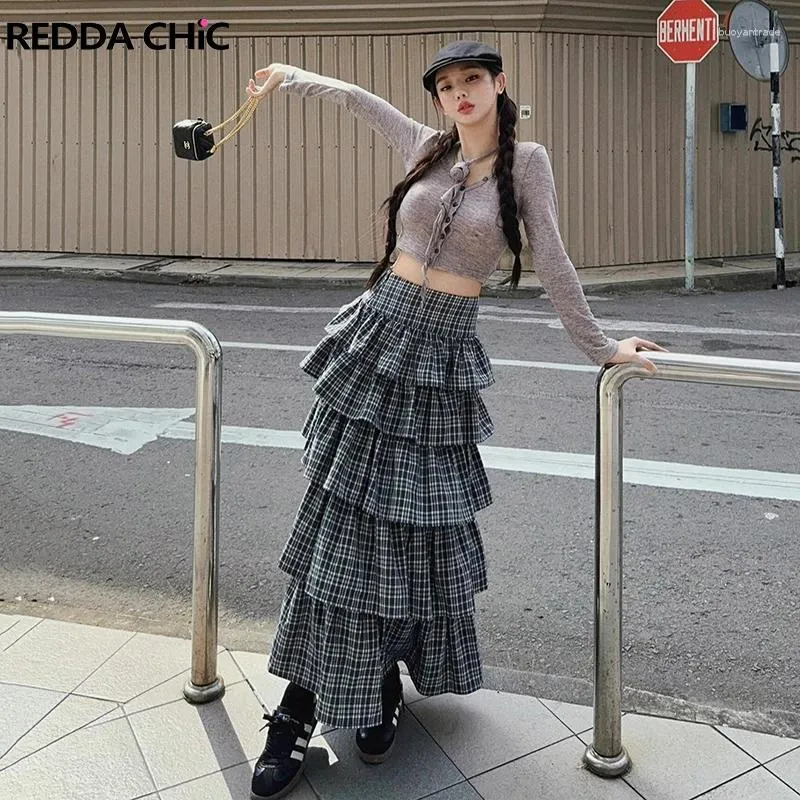 Kjolar reddachic låg stigning tartan lång kjol kvinnor grå rutig tiered ruffle kawaii lolita gothic puffy cake y2k vintage kläder