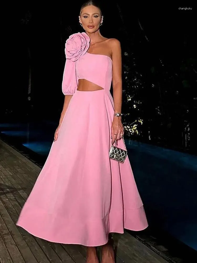 Robes de fête rose sexy coupé 3d fleur élégante longue pour les femmes 2024 mode d'été