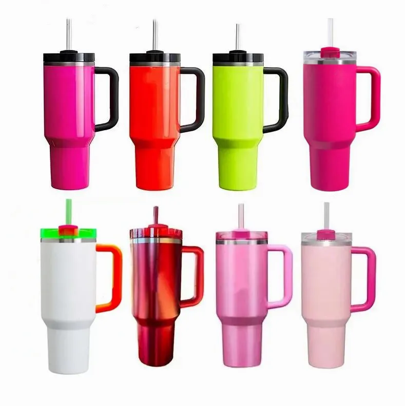 Elektrische neon witte roze zwarte mokken 40oz Quencher H2.0 roestvrijstalen tuimelaars Cups met handgreep en stro Cobrand Winter Pink Red Holiday Water flessen 0428