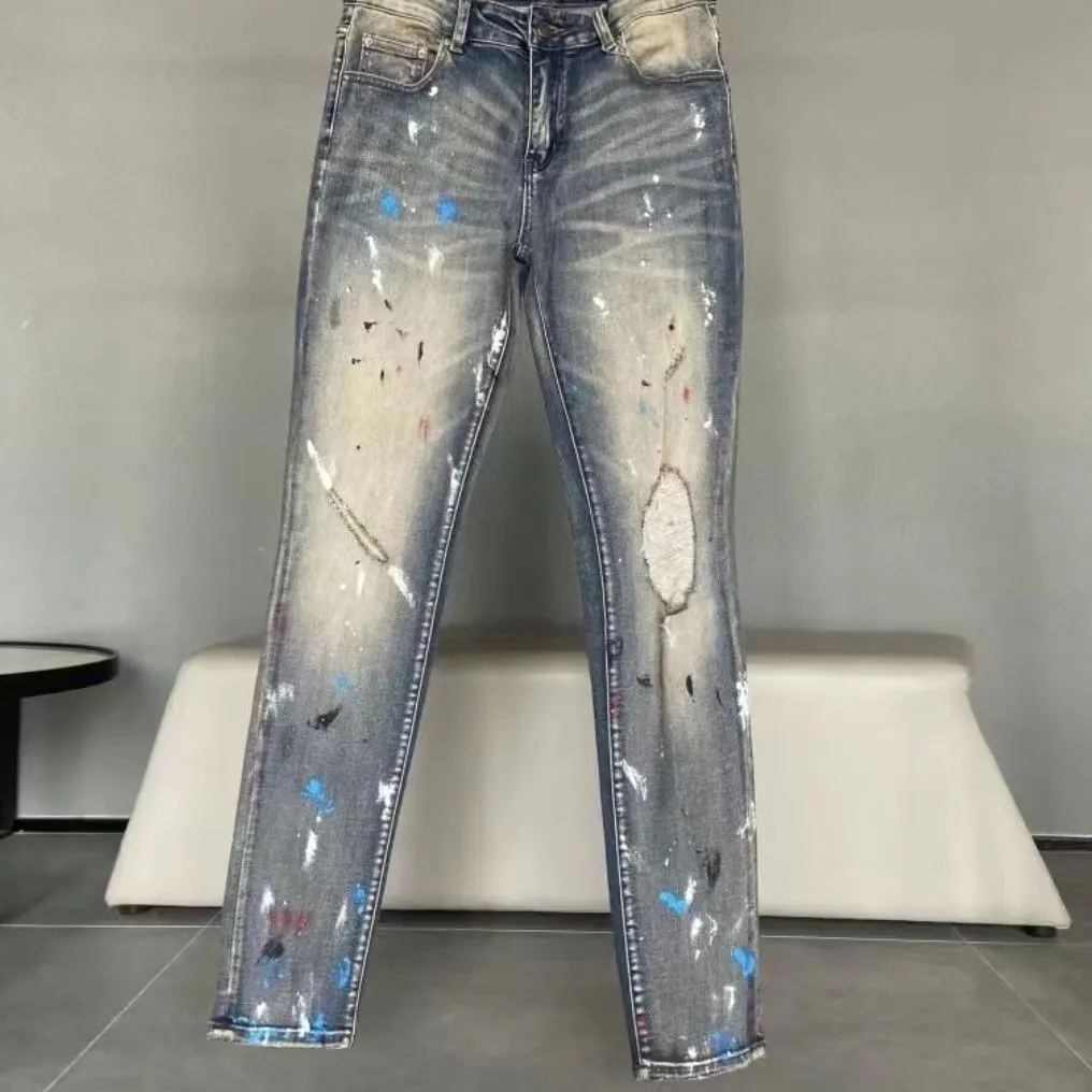 Marca de moda roxa nova jeans azul esticada slim street tiro de rua