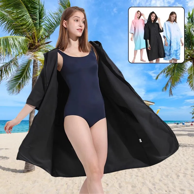 Towel Changing Robe With Hood Microfiber Poncho Zipper Short Sleeve Surf Quick Dry Oversized