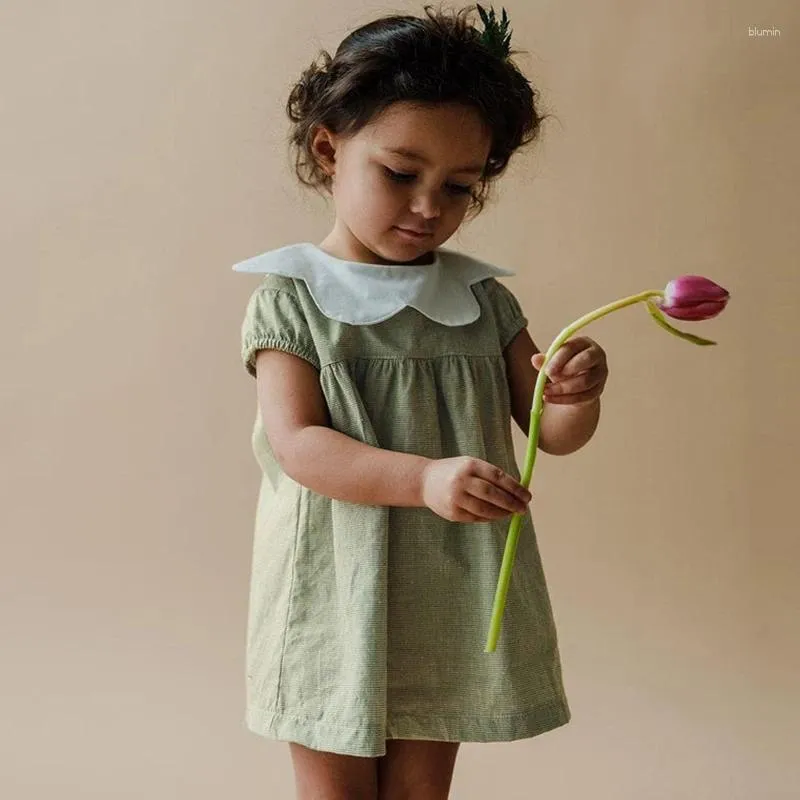 Meisjesjurken opruiming verkoop retro streep meisjes kleding zomer baby kinderen korte mouw schattige poppen kraag prinses kinderen kleding