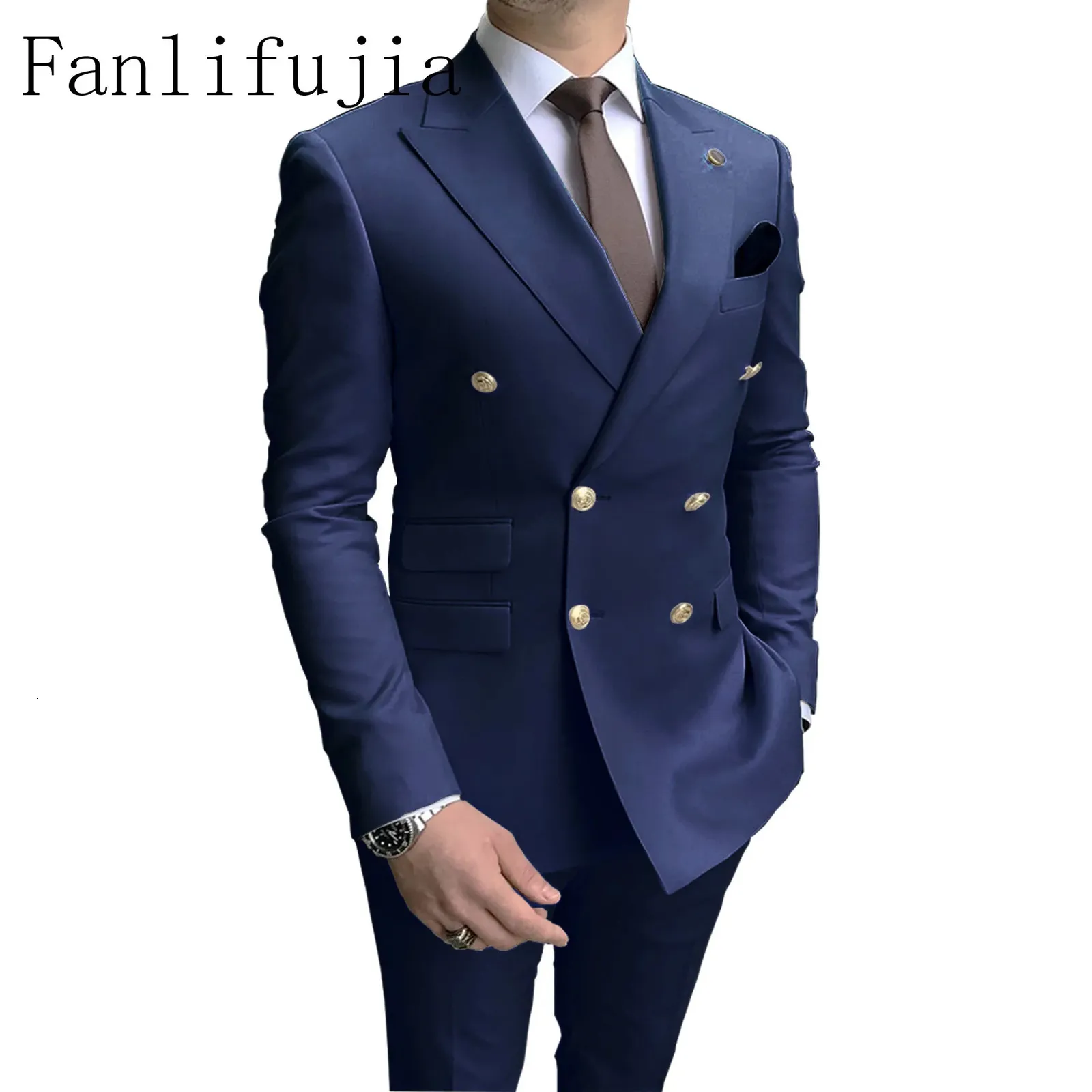 Fanlifujia mağazası lacivert erkek parti smokin 2 adet en son yaka takım elbise altın düğmeleri moda stili çift göğüslü 240407