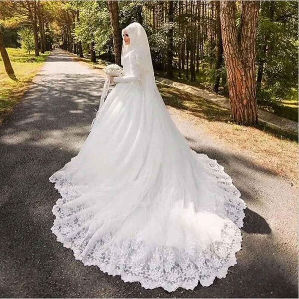 Habiller arabe nuptial avec des manches complètes longues musulmanes femme appliquée hijab robes de mariée robe de mariage es