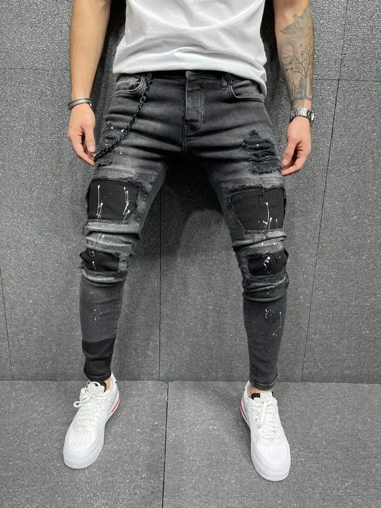 Mens Ripped Skinny Jeans, High Quality Black Distressed Slim-Fit