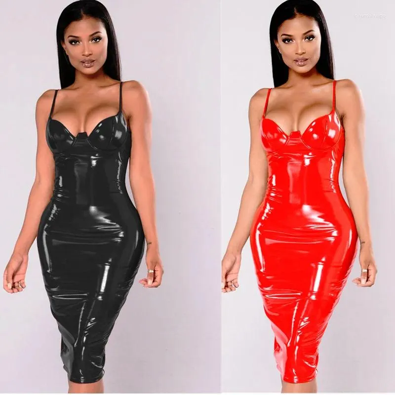 Robes décontractées 4xl 5xl 6xl plus robe taille 2024 Sexy Winter PVC Aym humide Femmes Red Black Knee Longueur Zipper Club