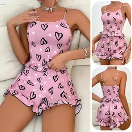 Women's Sleepwear Womens Two Pieces Pajamas Set Printed Satin Loungewear Sexy Strap Top Shorts Pyjamas Suit Casual Home Clothes