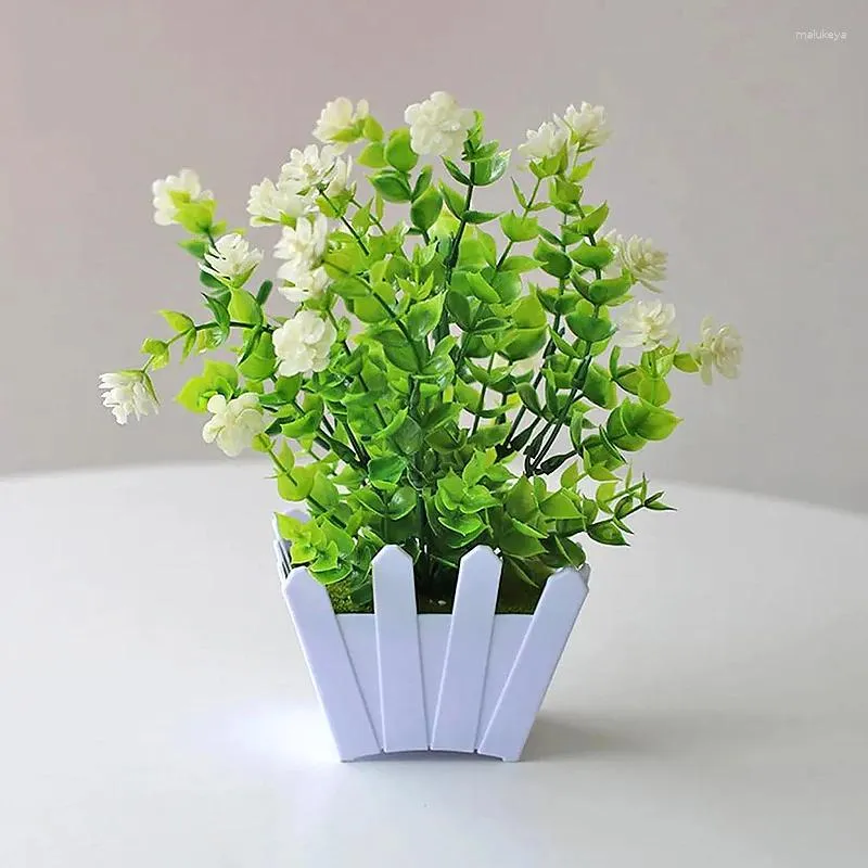Fleurs décoratives plantes de bonsaï artificielles fleur avec une petite clôture en pot faux ornements en pot pour décoration de table d'accueil El Garden Decor