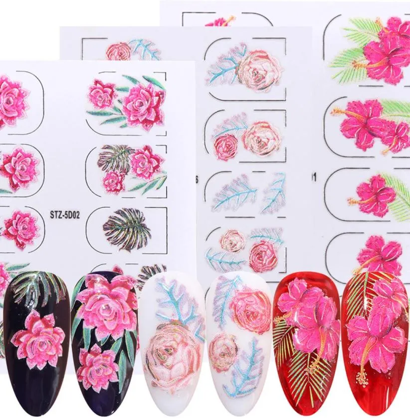 5D Sticker à ongles roses en relief fleurissant le curseur d'eau de feuille gravée pour les ongles décorations d'art manucure de fleur de décalage 7804051