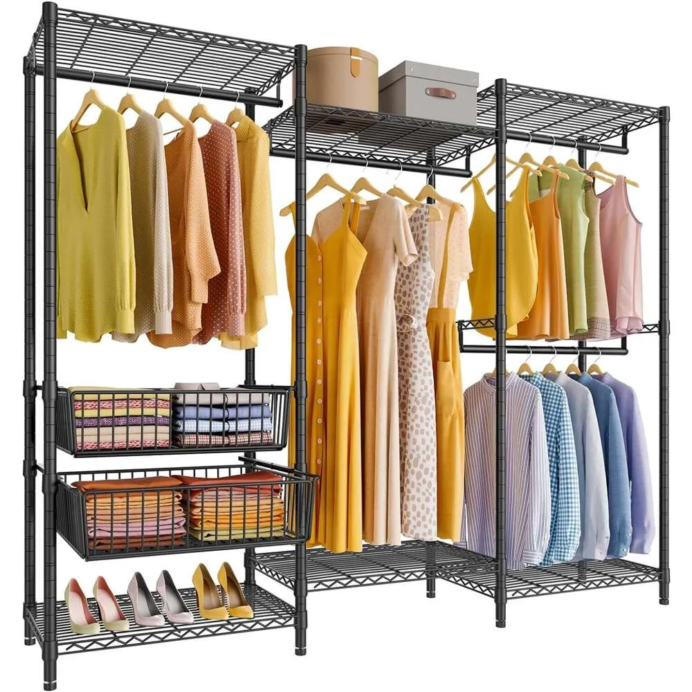 Rack de vêtements en fil métallique V10 - Rack à vêtements robustes de 5 couches avec tige suspendue, repliage en acier et 2 paniers de rangement coulissants - Grande porte-vêtements de 86 pouces de largeur