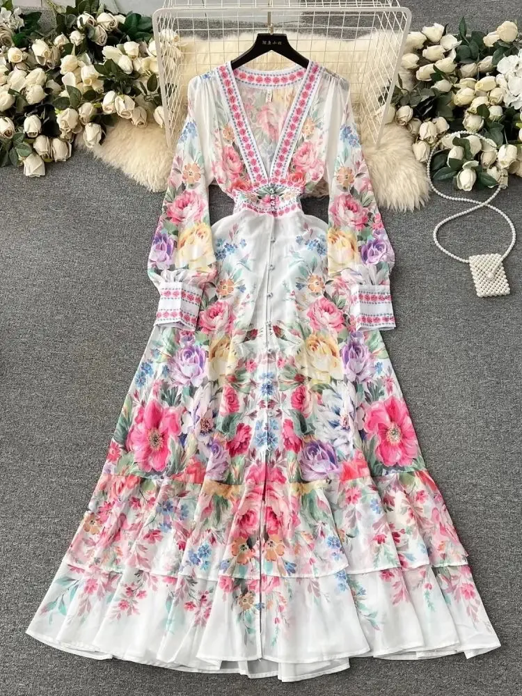 2024 FASCIE GRANDE FOWER Chiffon See Through Ruffles Women Women Sexy Deep V Neck Long Sleeve Floral Stampa Boho Robe Vestido 240422