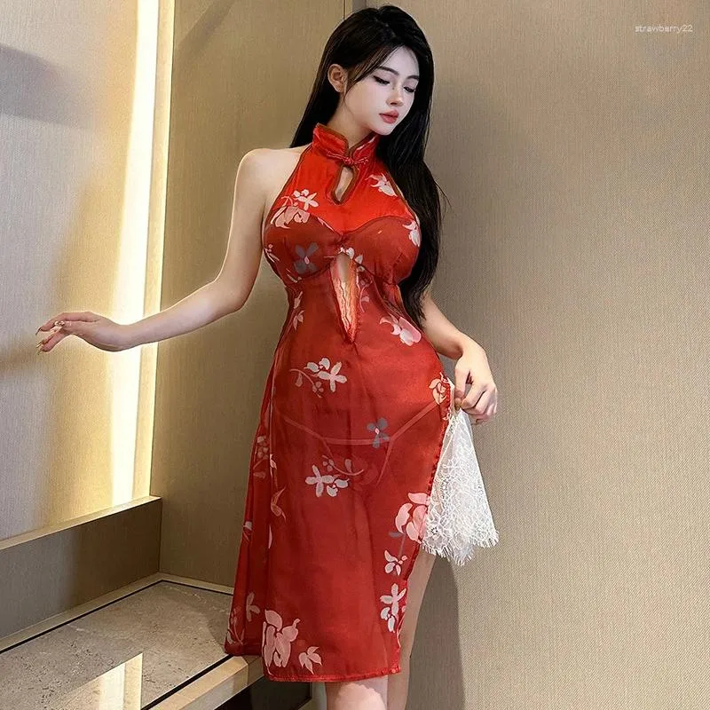 Bras Sets Sexy Lingerie Chinese Cheongsam Dress Perspective Traditional Qipao Skirt Lace Backless Bandage Pajamas Woman Charm Costumes