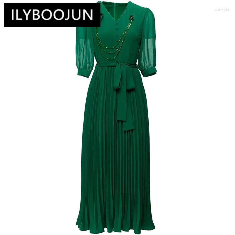 Robes de fête Ilyboojun Fashion Designer Summer Robe en V Femme en V perle drapée Haute haute