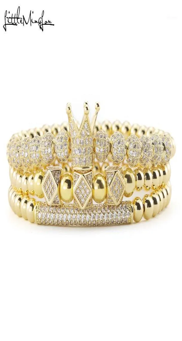 3pcsset Luxus Gold Perlen Royal King Crown Würfel Charm CZ Ball Männer Armband Herren Mode Armbänder für Männer Schmuck15595652