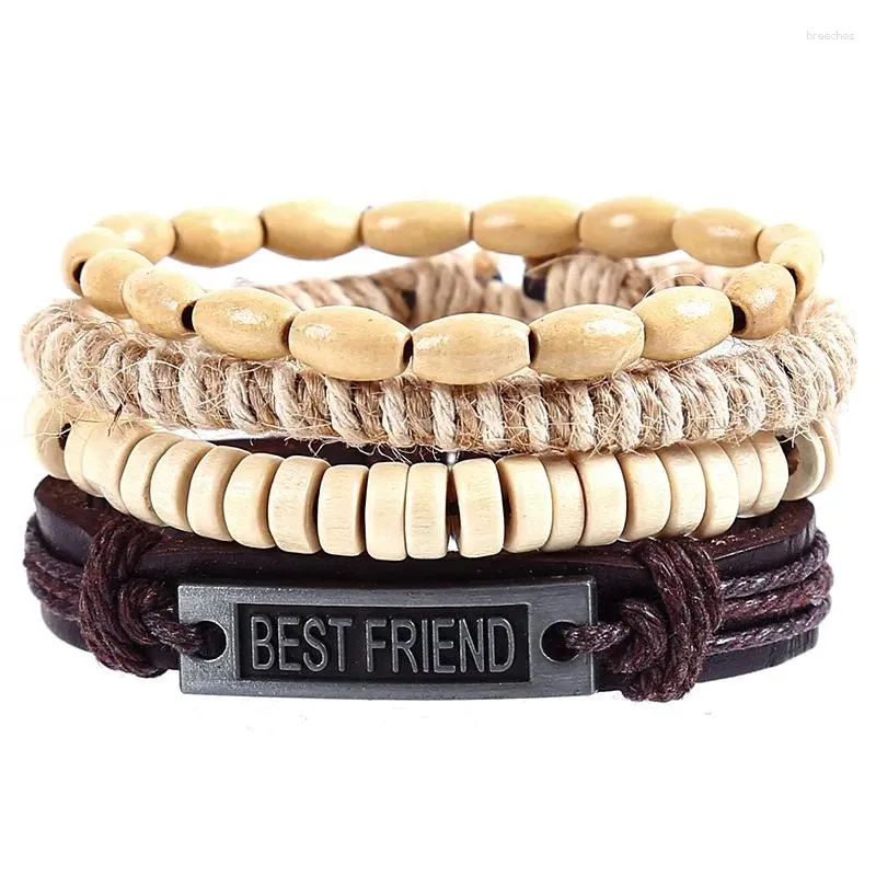 Bracelets de charme 4pcs / set punk boho alliage en cuir brun foncé boues cordon de tag de cordon enveloppe de perles en bois beige bracelets pour l'homme