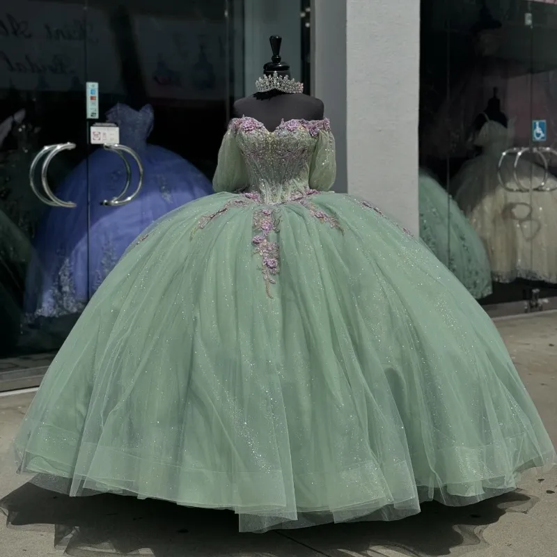 Mint Green Off Rzemant Shiny Ball Suknia Quinceanera Sukienki 2024 Klasyczne aplikacje koronkowe koraliki Słodka 16 sukienka Vestidos de 15 anos