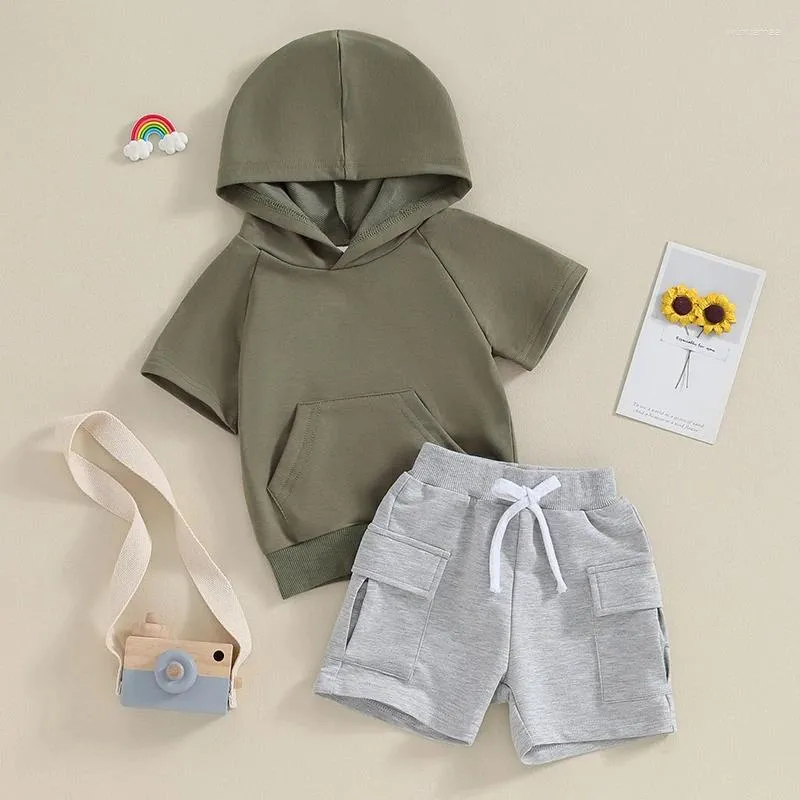 Clothing Sets Baby Boys Clothes 6 12 18 24 Months Hooded Short Sleeve Tops And Pockets Elastic Waist Shorts Toddler Summer Outfits