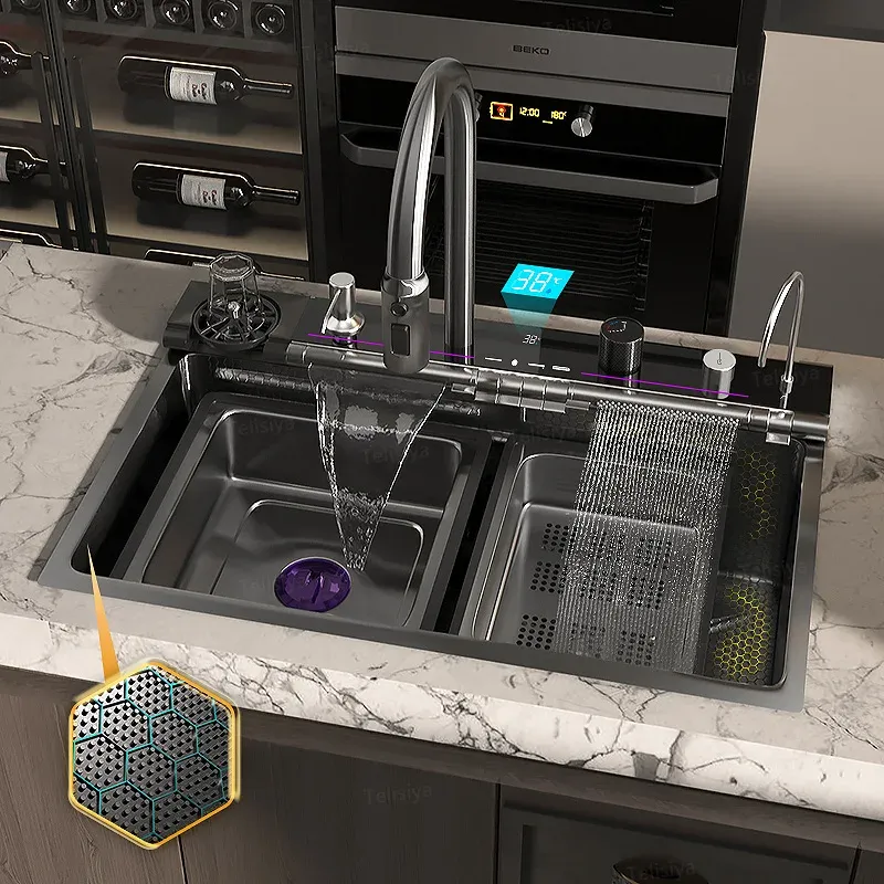 Wechselnder Wasserfall Waschbecken Neues Edelstahl-Küchenspüle Multifunktion großer einzelnen Slot integriertes Digital Display Wash-Becken