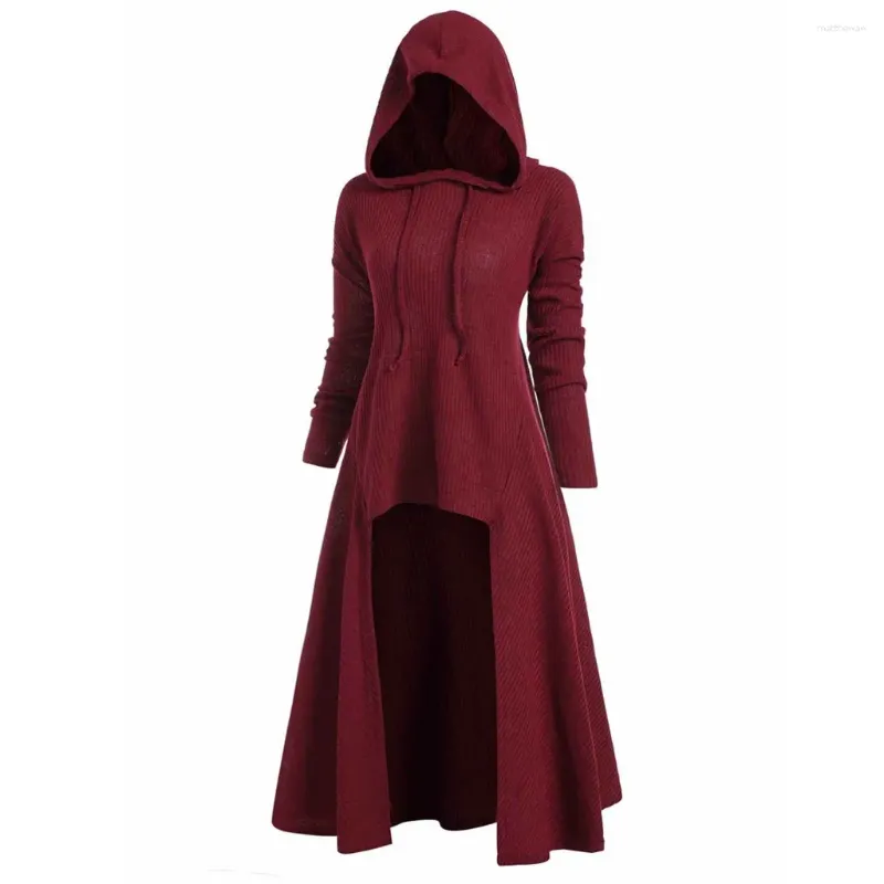 Casual klänningar Autumn Winter Tunic Hooded Dress Long Robe Cloak Knight Gotic Fancy Fashion Solid Color Sticked Female Vestidos