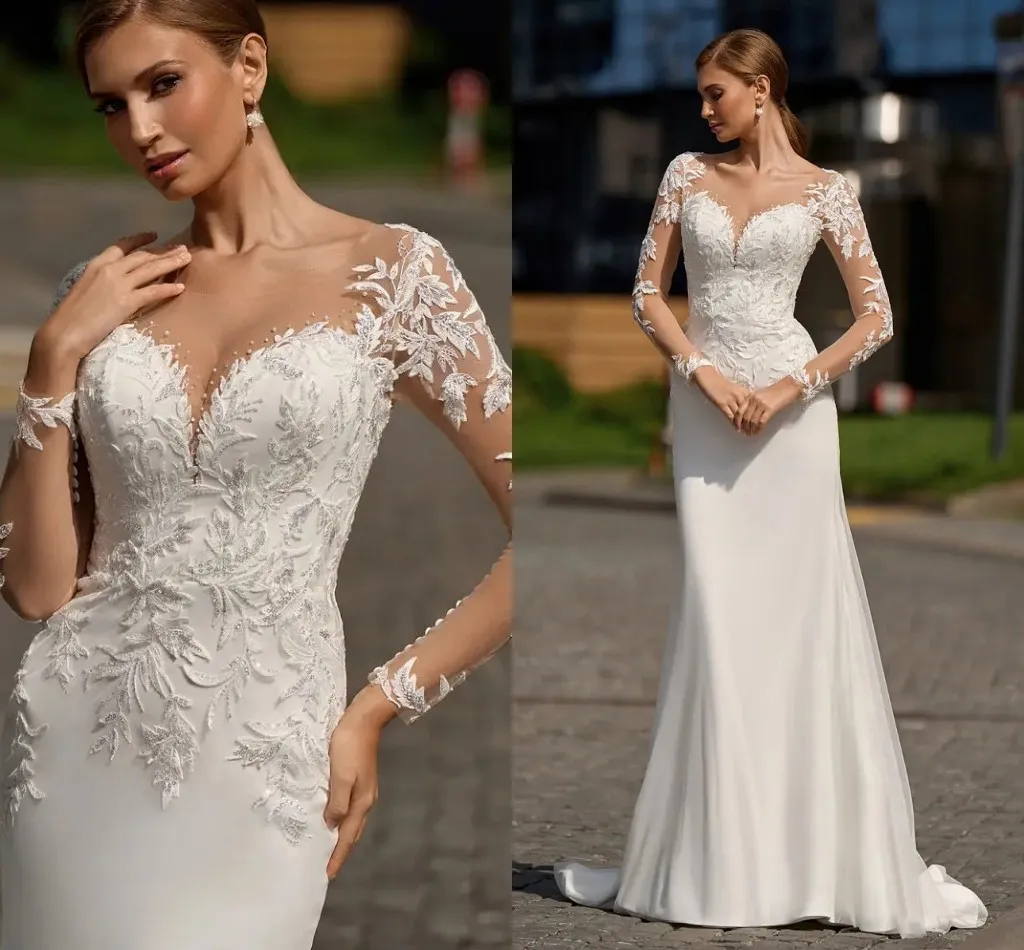 Elegant Mermaid Wedding Dress V Neck, Long Sleeve Lace Appliques ...