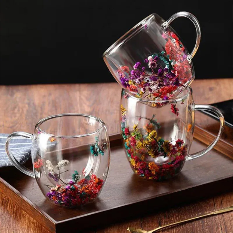 Real Flower DoubleLeryer Glass tasse avec poignée HeatreSistant Tea Coffee Espresso Milk Creative Gift Simple Style 240424