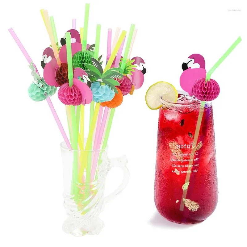 Disposable Cups Straws 25pcs Hawaii Flamingo Coconut Tree Pineapple Drinking Hawaiian Party Decor Luau Pool Beach Birthday Decorations