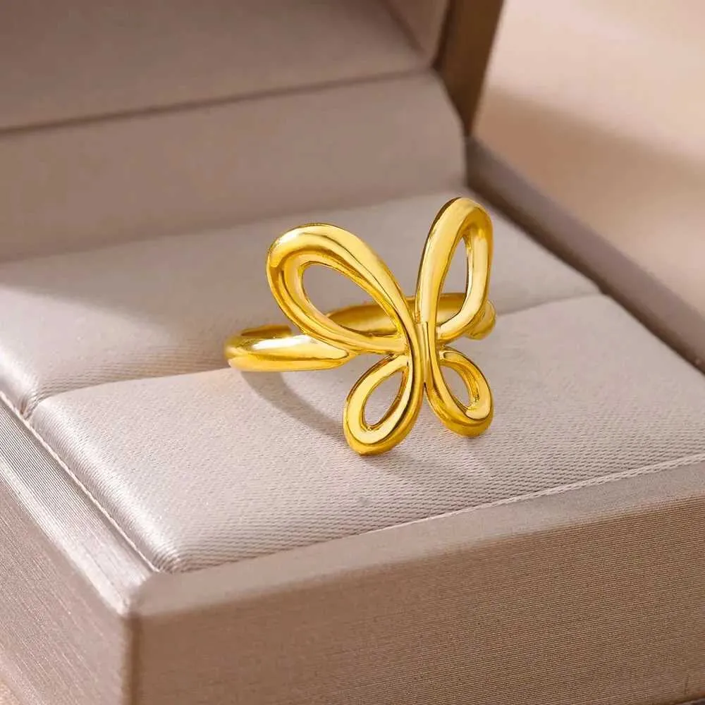 Eheringe Vintage Butterfly Edelstahlringe für Frauen goldplattiert Paar Ring Neuer Hochzeits Ästhetischer Schmuck Anillos Mujer