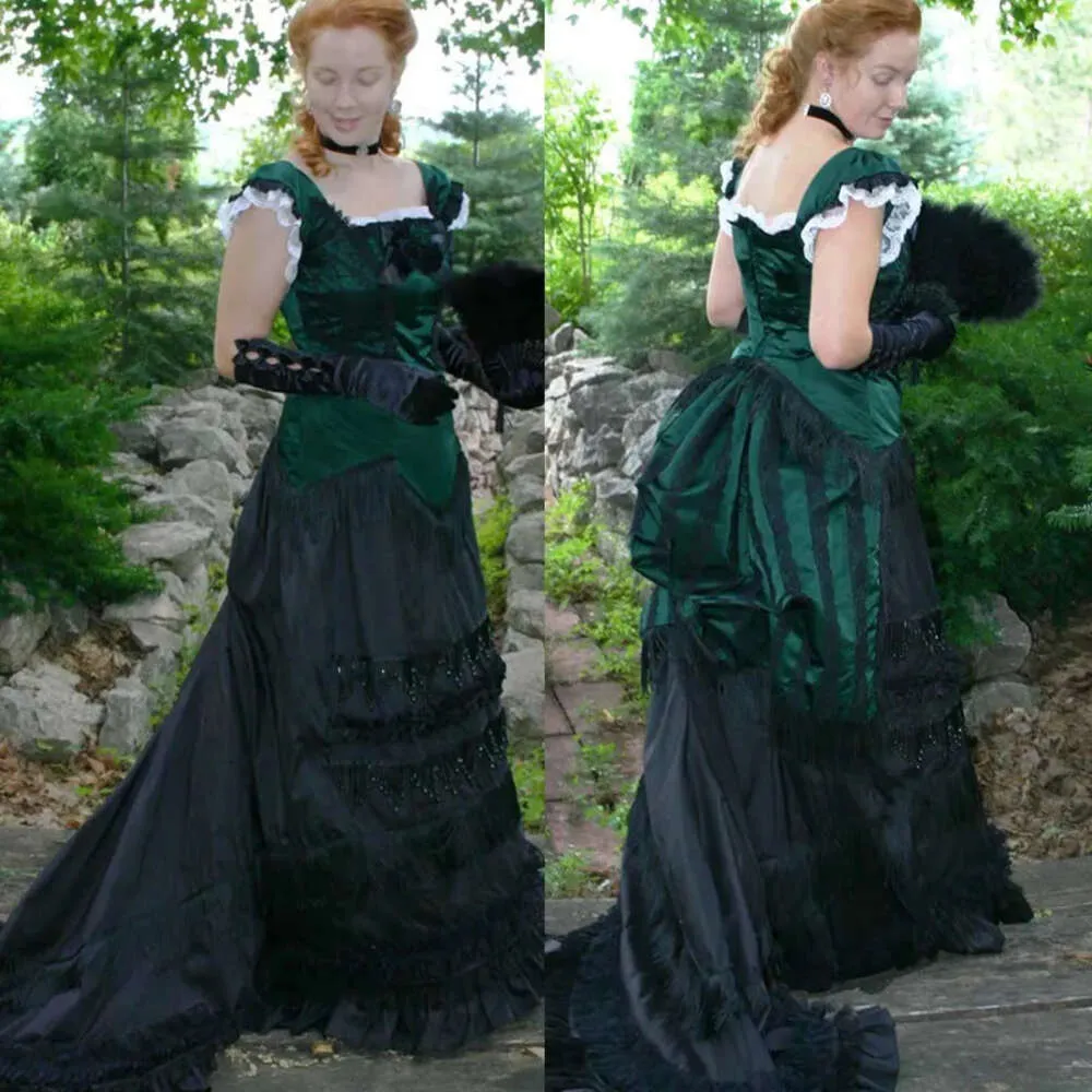 Викторианские суеты вечерние платья Винтажные готические зеленые и черные платья для вечеринок с ровными бретелями Sauare Neck вампир вампир.