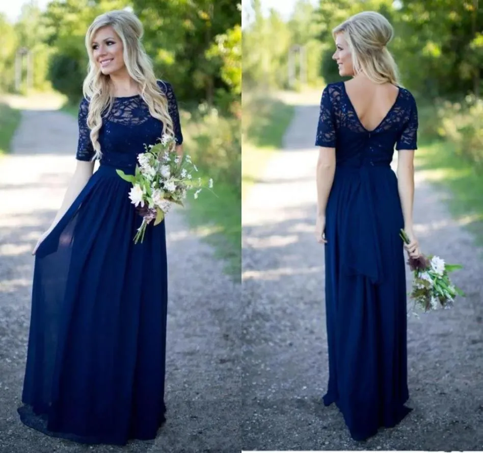 Boho Lace Cheap Bridesmaid Prom Dress Navy Blue Backless Jewel Neck Illusion Short Sleeves Chiffon Empire Long Wedding Party Guest5830604