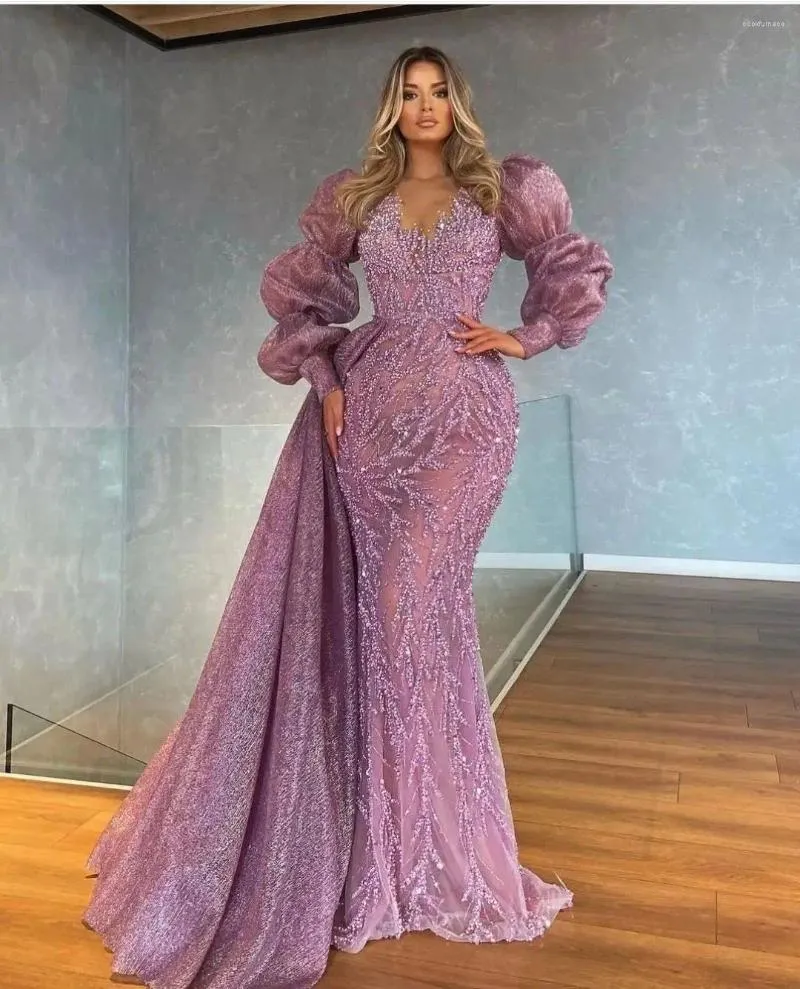 Вечеринка фиолетовые блестящие выпускные платья с длинными рукавами атласные шнурки шнурки с бисером пустыми русалка плюс вечерние платья на заказ