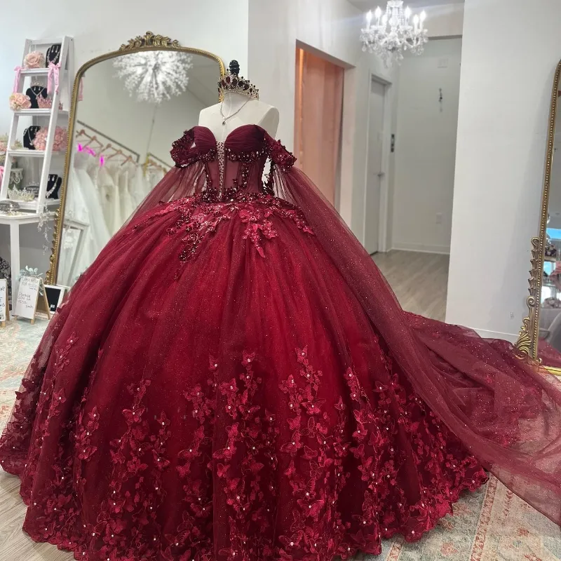 Wein rot von Schulter Quinceanera Kleid 2024 Vestidos de 15 Anos Ballkleid Bogen Süße 16 Geburtstagsfeier -Kleider Festzug Miss Princess