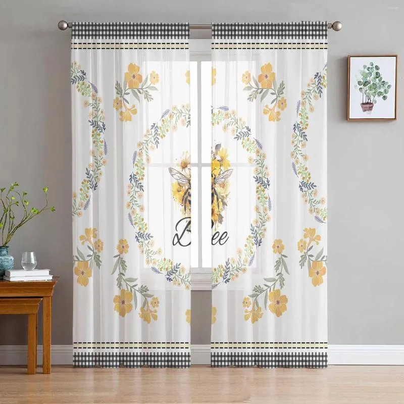 Kurtyna kwiatowa pszczoła akwarela wieniec gościnny zasłony w salonie okno tiulowy sypialnia do sypialni Drape Decor Home Decor