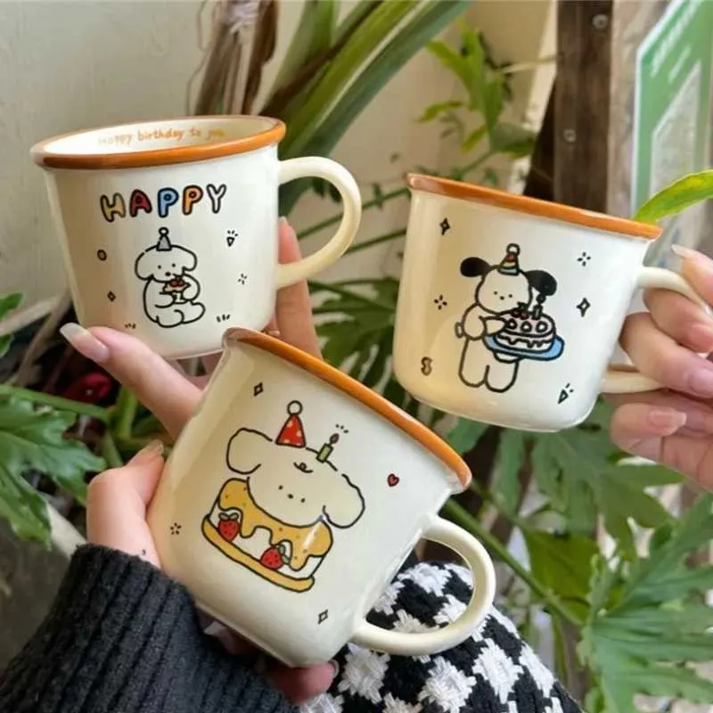 Mugs 1 Ins Cute Happy Bear Ceramic Cup Kawaii White Dog Cartoon Coffee Cup Fashionable Retro Afternoon Tea Cup Couple Gift J240428