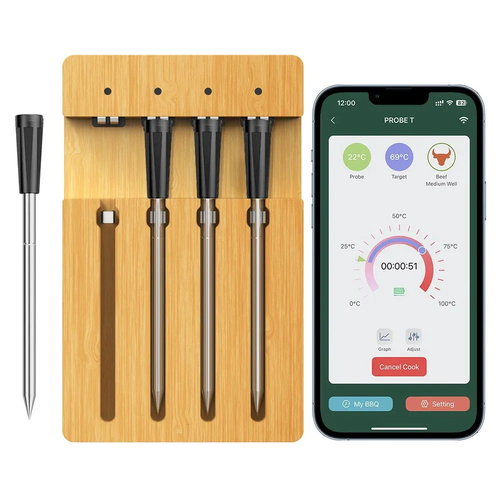 98FT BBQ BT Smart Wireless Meat Thermometer APP Control 4 Probes for Grilling and Smoking IPX7 Waterproof Type-C Rechargeable 240415