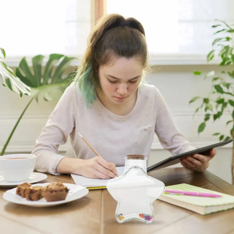 Lagringsflaskor origami stjärna pappersremsor stjärnor som önskar flaska indie rumsdekor cellofan barn