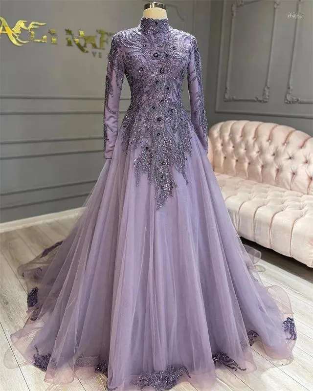 Party Dresses Muslim Lilac Lavender Prom 2024 Dubai Long Sleeve Elegant Princess Women Evening Gown Turkiet Besök tillfälle