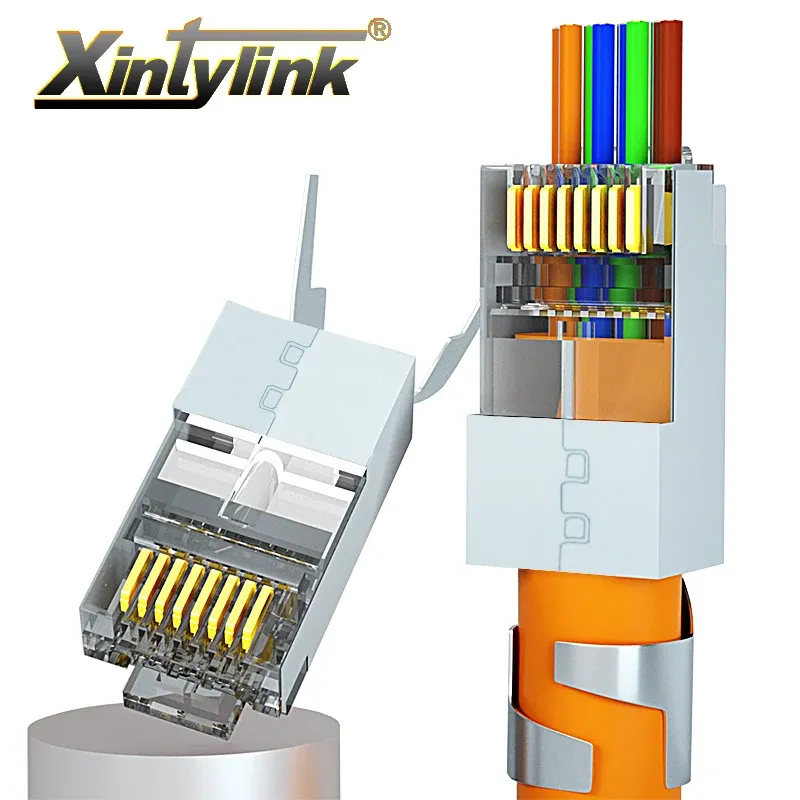 Drives Xintylink New Cat8 Cat7 Cat6A RJ45 -kontakt 50U RJ 45 Ethernet Cable Plug Network SFTP FTP Skärmad 1,5 mm hål passerar genom