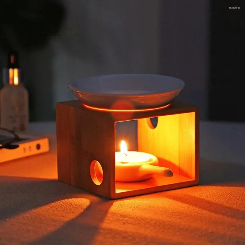 Candle Holders Ceramic Holder Essential Oil Burner Diffuser Wood Base Incense Lamps Porcelain Home Living Room Decors