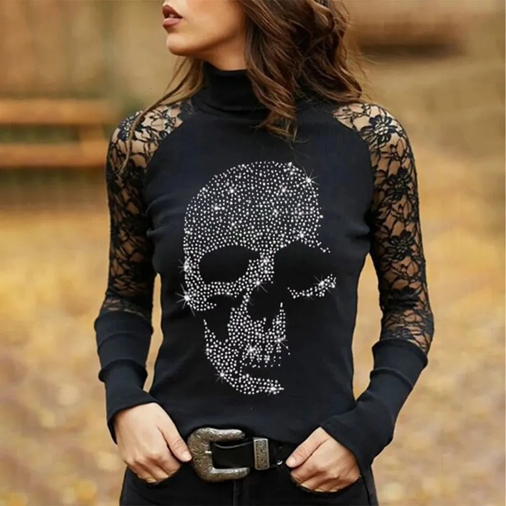 Fashion Skull Drill Print Ladies T-shirt Autumn Lace Solid Women Sexy Tshirt Y2K Gothic Tee Longa Roupas de escritório Tops 240416