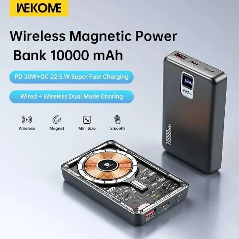 Mobiltelefon Power Banks Wekome Magsafe Power Bank Portable Battery 15W Magnetic Wireless Transparent LED Display 22.5W Wired Fast Charging J240428