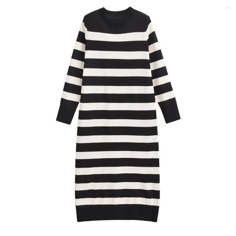 Casual Dresses Black White Striped Knitted Midi Dress Women 2024 Autumn Long Sleeve O-Neck Sweater Femme French Slim