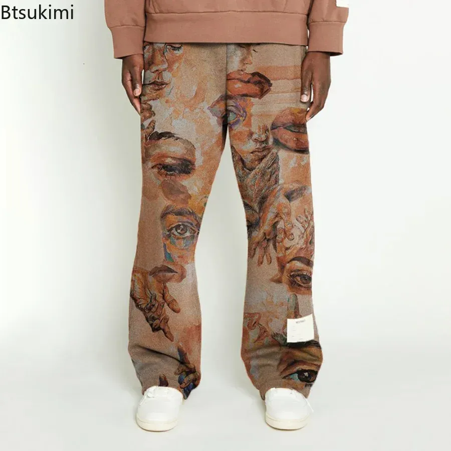 2024 Heren High Street Losse wide benen broek mode afdrukken Europeaan Mid Rise Mens broek Brown Hip Hop Pants Mens Casual Pants 240426