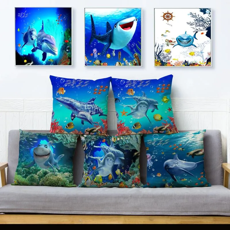 Pillow Blue Underwater World Print Cover Modern Home Decor Covers Cartoon Dolphin Pillows Cases Square Linen Pillowcase